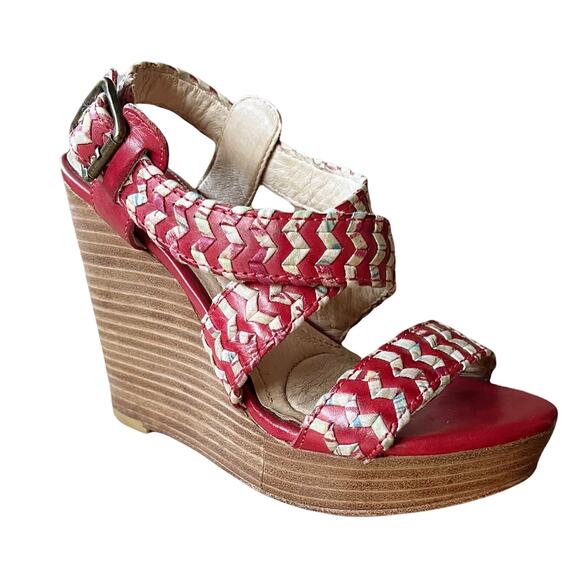FRYE Corrina Whipstich Platform Wedges Leather Peep Toe Braided Sandals 5 in - Picture 1 of 9